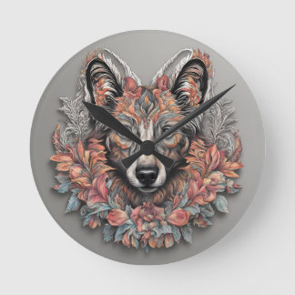 Muurklok, 8" "Floral Majesty wolf Clock" Ronde Klok