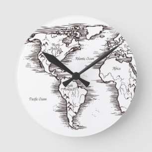 Muurklok - B/W Wereldkaart VS Afrika Europa Ronde Klok