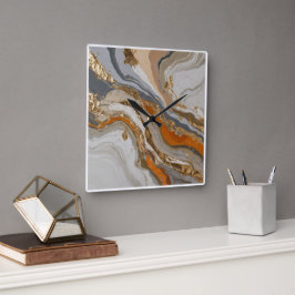 Muurklok met dromerig sinaasappel en grijs marmer vierkante klok