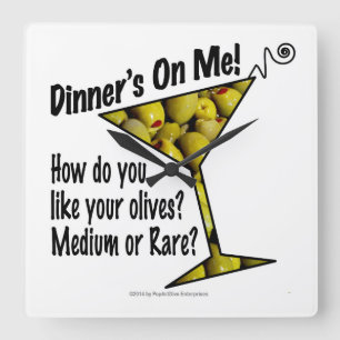 MUURKLOKKEN Eten! Olijven? Medium of Rare? Vierkante Klok