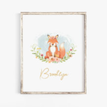 Muurkunst van Cute Floral Fox Animal Nursery Name
