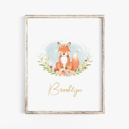 Muurkunst van Cute Floral Fox Animal Nursery Name Poster