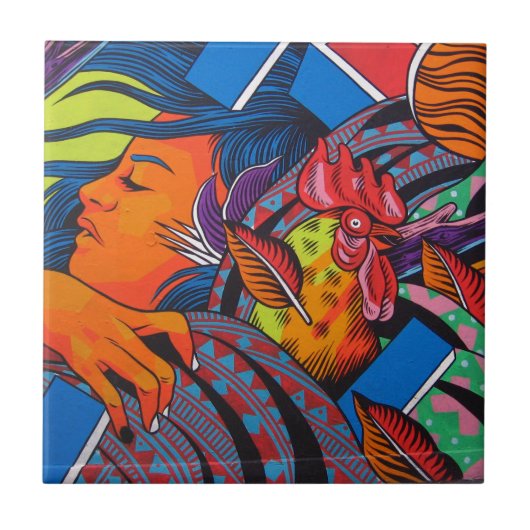 Muurmuurschildering voor vrouwen en kippen tegeltje (Voorkant)