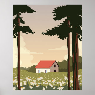 Muurposter boslandschap, huis in het bos, poster