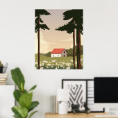 Muurposter boslandschap, huis in het bos, poster (Thuiskantoor)