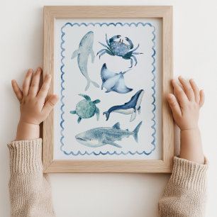 Muurposter met blauwe zeeleven voor de babykamer poster