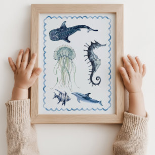 Muurposter met blauwe zeeleven voor de babykamer poster