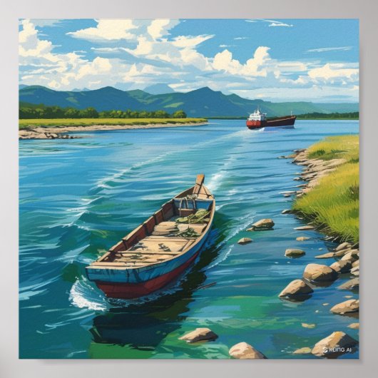 Muurschildering van een boot in het zee en een sch poster (Voorkant)