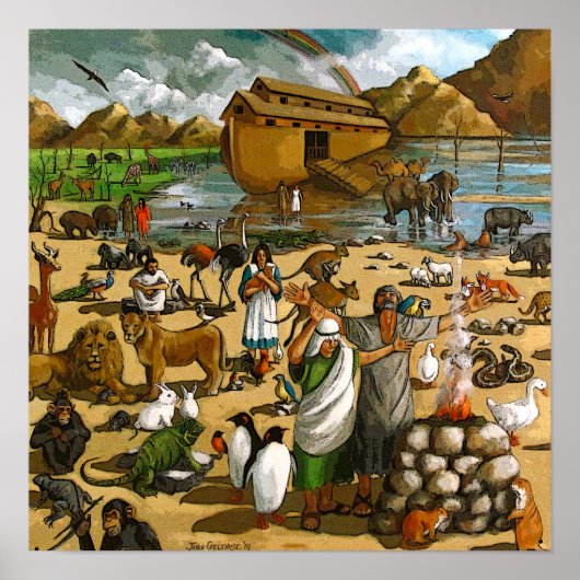 Muurschildering van Noah en Ark: dieren, regenboog Poster (Voorkant)