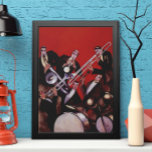muziek, Art Deco Musical Jazz Band Jamming Poster<br><div class="desc">ontwerp voor illustratiekunst deco met een muziekafbeelding met een band van muzikanten die trombonen,  trommels,  saxofonen en andere instrumenten uitvoeren terwijl de hoofdzanger een microfoon vasthoudt.</div>