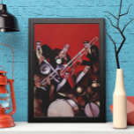 muziek, Art Deco Musical Jazz Band Jamming Poster<br><div class="desc">ontwerp voor illustratiekunst deco met een muziekafbeelding met een band van muzikanten die trombonen,  trommels,  saxofonen en andere instrumenten uitvoeren terwijl de hoofdzanger een microfoon vasthoudt.</div>