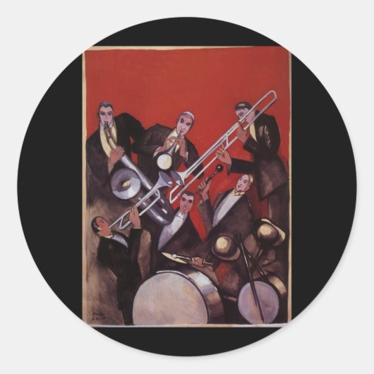  muziek, Art Deco Musical Jazz Band Jamming Ronde Sticker (Voorkant)