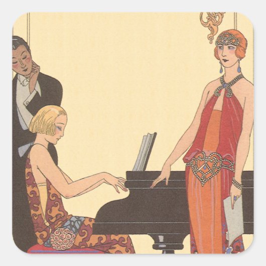  muziek, Art Deco Pianist Musician Singer Vierkante Sticker (Voorkant)