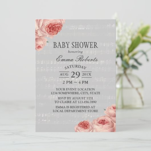 Muziek Baby Shower Elegante Bloemen Kaart (Staand voorkant)