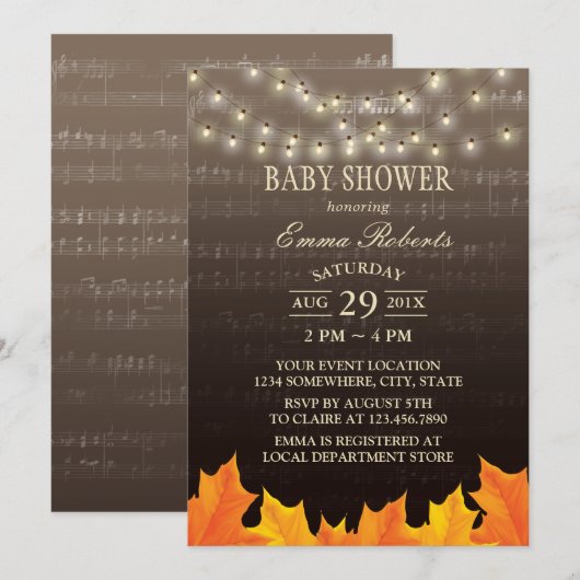 Muziek Baby shower herfst laat tekenreekslichten a Kaart (Voorkant / Achterkant)