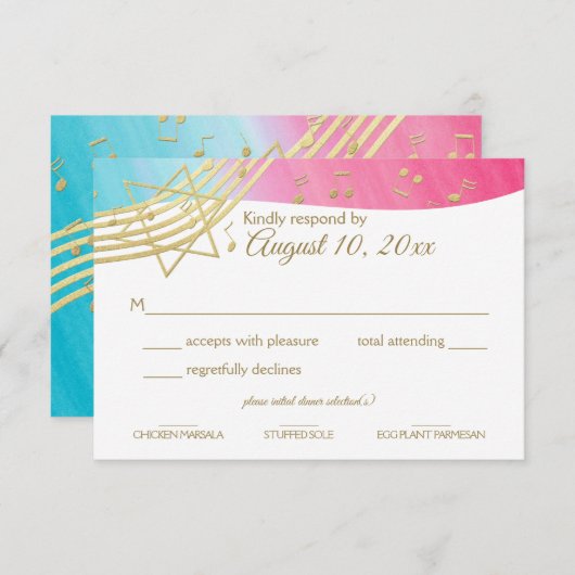 Muziek Bat Mitswa Gold Reactie RSVP Kaartje (Voorkant / Achterkant)