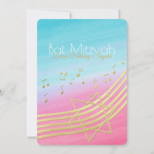 Muziek Bat Mitswa Waterverf en Goud Kaart (Achterkant)