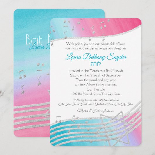 Muziek Bat Mitswa Waterverf en Zilver Kaart (Voorkant / Achterkant)
