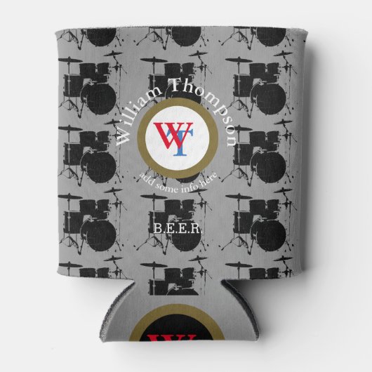 muziek & bier, drums geïnspireerd, cirkelmonogram blikjeskoeler (Voorkant)