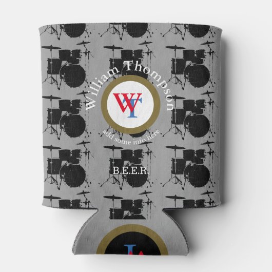 muziek & bier, drums geïnspireerd, cirkelmonogram blikjeskoeler (Achterkant)