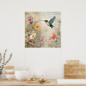  Muziek Bloemen Franse Hummingbird Art Poster (Keuken)