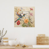  Muziek Bloemen Franse Hummingbird Art Poster (Keuken)