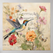  Muziek Bloemen Franse Hummingbird Art Poster (Voorkant)