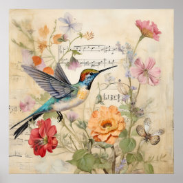  Muziek Bloemen Franse Hummingbird Art Poster