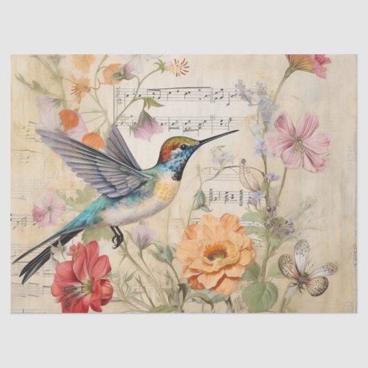 Muziek Bloemen Franse Hummingbird Art Tissuepapier (Voorkant)