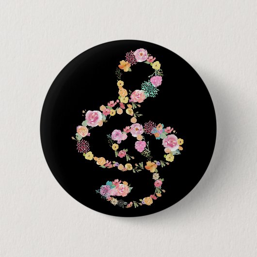 Muziek Bloemige Treble Sleef op zwart Ronde Button 5,7 Cm (Voorkant)
