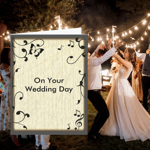 Muziek Butterfly Leaves Yellow Wood Grain Wedding Kaart