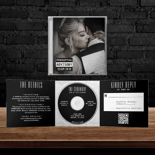 Muziek-cd Hoesje Black Wedding All In One Drieluik Uitnodiging