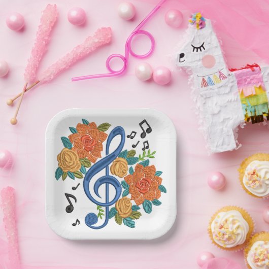 Muziek Clef Note Flowers Papieren Bordje (Feest)