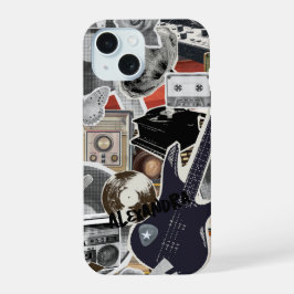 Muziek Collage Telefoonhoes, Retro Muziek Art Hoes iPhone 15 Case