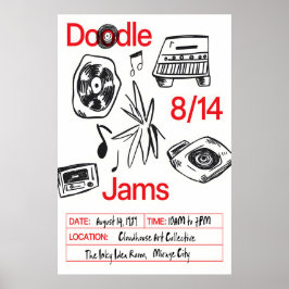 Muziek Doodle Kunstprint Retro Vinyl, Cassette Poster