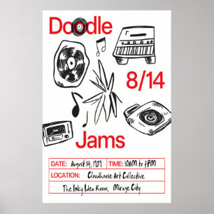 Muziek Doodle Kunstprint Retro Vinyl, Cassette Poster