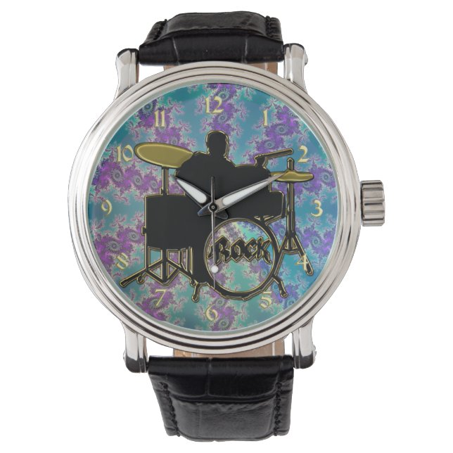 Muziek Drummer en Blauw Groen Fractal Star Watch Horloge (Voorkant)
