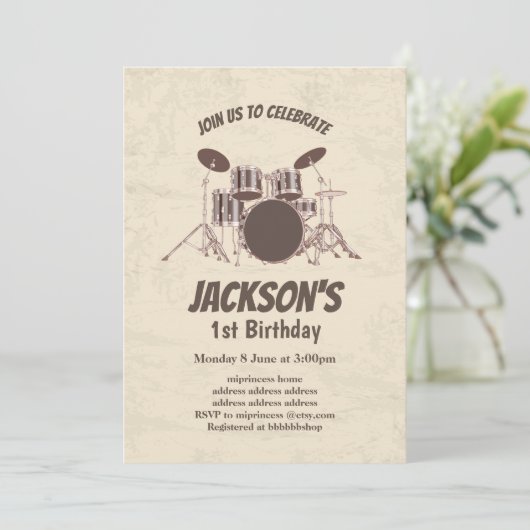 , muziek, drumset, verjaardagsuitnodiging kaart (Staand voorkant)