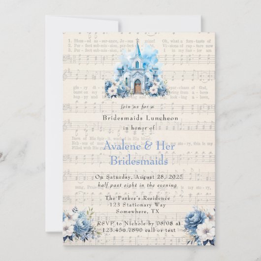 Muziek Dusty Blue Church Bruidsmeisjes Luncheon Kaart (Voorkant)