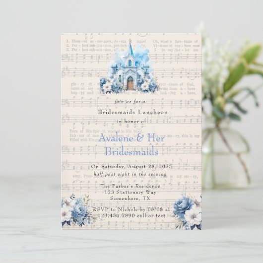 Muziek Dusty Blue Church Bruidsmeisjes Luncheon Kaart (Staand voorkant)