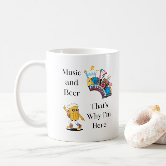 Muziek en bier, daarom ben ik hier op een koffiemok (Met donut)