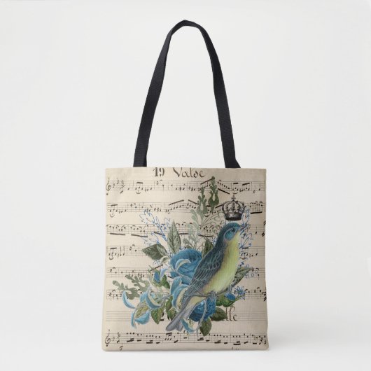  muziek en blauw vogelcollage tote bag (Voorkant)