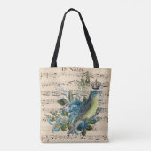  muziek en blauw vogelcollage tote bag (Achterkant)