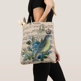  muziek en blauw vogelcollage tote bag