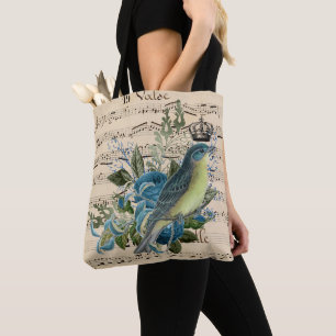  muziek en blauw vogelcollage tote bag