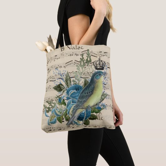  muziek en blauw vogelcollage tote bag (Dichtbij)