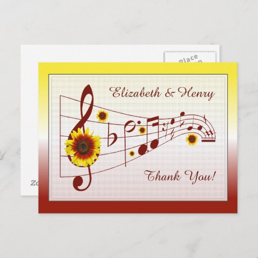 Muziek en zonnebloemen Weddenschap Hartelijk dank Briefkaart (Voorkant / Achterkant)