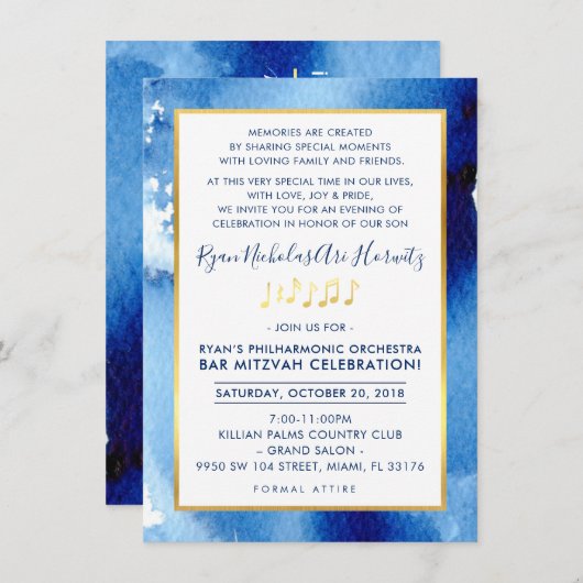 MUZIEK FEEST VIERING goud smart blue waterverf Kaart (Voorkant / Achterkant)