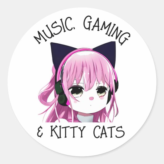 Muziek, Gaming en Kitty Cat Anime Meisje Ronde Sticker (Voorkant)
