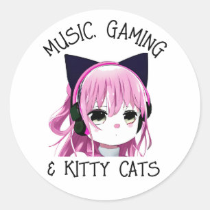 Muziek, Gaming en Kitty Cat Anime Meisje Ronde Sticker